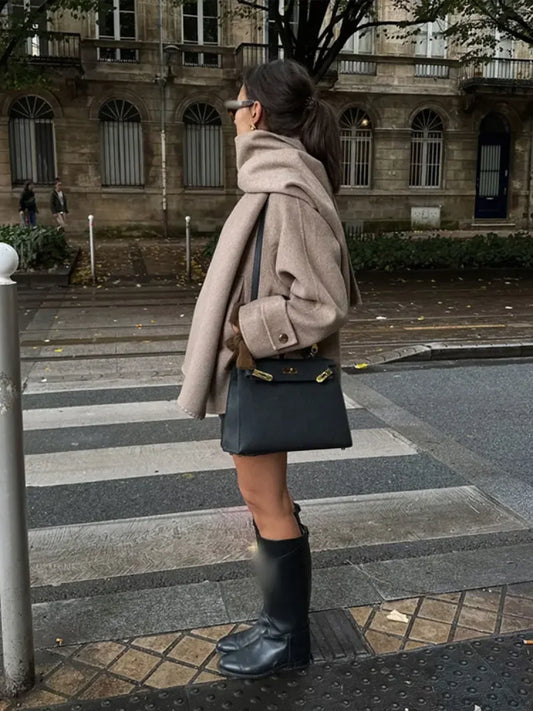 Scarf Collar Woolen Blends Short Coat Khaki / S