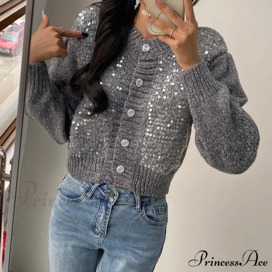 Sequined Knit Long Sleeve Cardigan
