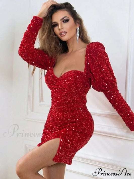 Sexy Backless Mini Summer Sequin Dress Women Luxury Red Christmas Party Dress