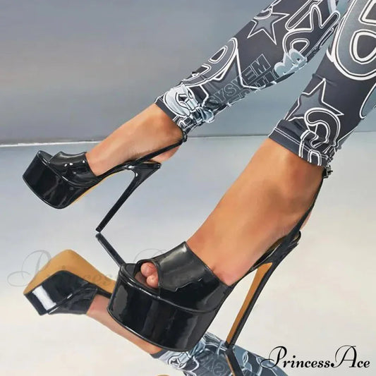 Sexy Black Platform Open Toe Thin Patent LeatherBuckle Strap Stripper Party High Heel