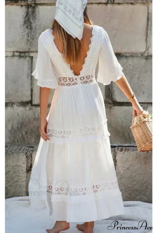 Sexy Deep V-neck Backless Cotton Lace Dress