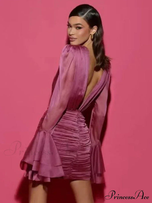 Sexy Deep V Neck Flare Sleeve Pleats Mini Backless Christmas Party Dress