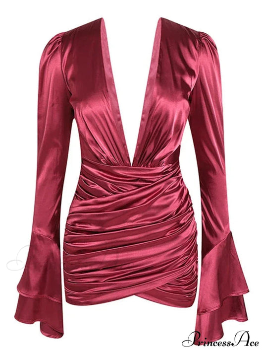 Sexy Deep V Neck Flare Sleeve Pleats Mini Backless Christmas Party Dress