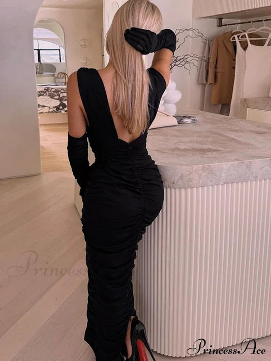 Sexy Deep V Neck Gauze Folds Bandage Black Sleeveless Christmas Party Dress