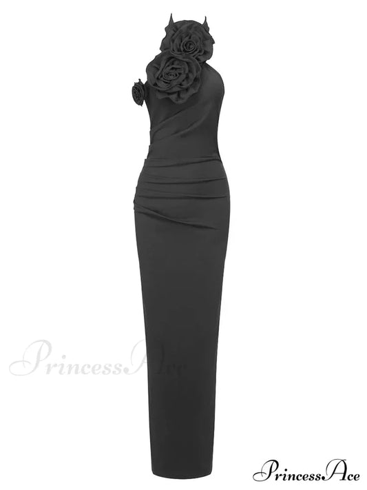 Sexy Halter Backless 3D Flower White Sleeveless High Split Christmas Party Dress