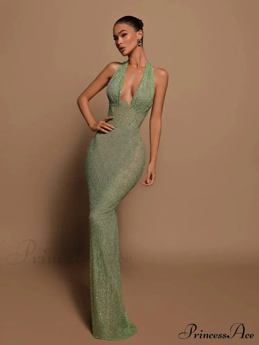 Sexy Halter Deep V Neck Sequins Green Sleeveless Backless Celebrity Christmas Party Dress