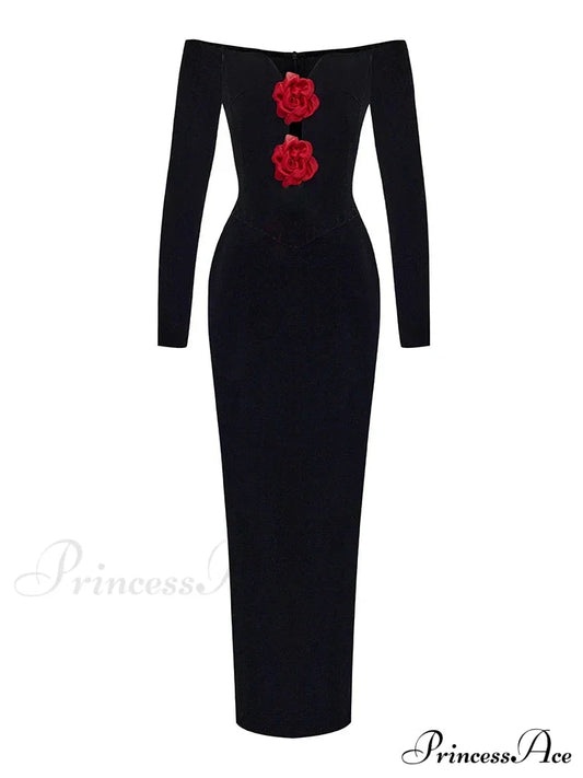 Sexy Off Shoulder V Neck Hollow Out Flower Dress Women Christmas Party Dress