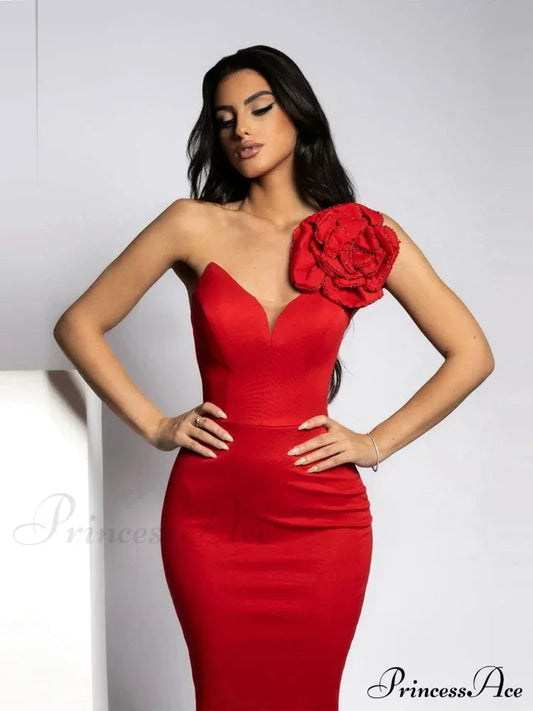 Sexy One Shoulder Diamonds Flower Patchwork Maxi Red Christmas Party Dress