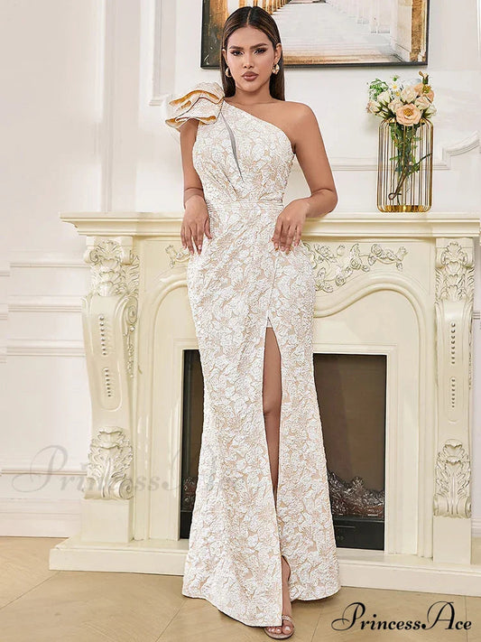 Sexy One Shoulder Flower Jacquard Long Sleeveless Folds Christmas Party Dress