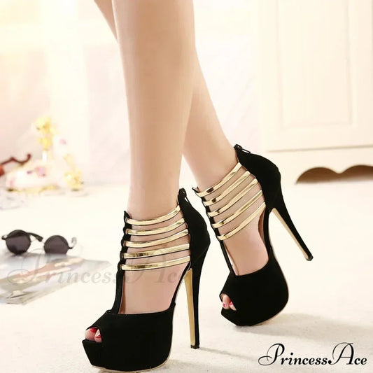 Sexy Open Toe Platform Narrow Band Hollow Stilettos Rear Zipper Pumps 16CM Thin High Heel