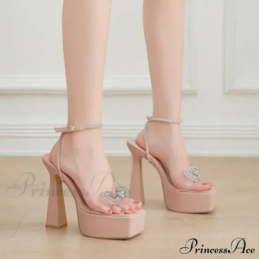 Sexy Peep Toe Platform Square HeadBuckle Strap Rhinestone Butterfly-knot 16CM High Heels Summer Lady High Heel