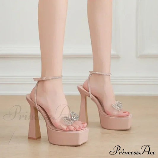 Sexy Peep Toe Platform Square HeadBuckle Strap Rhinestone Butterfly-knot 16CM High Heels Summer Lady High Heel