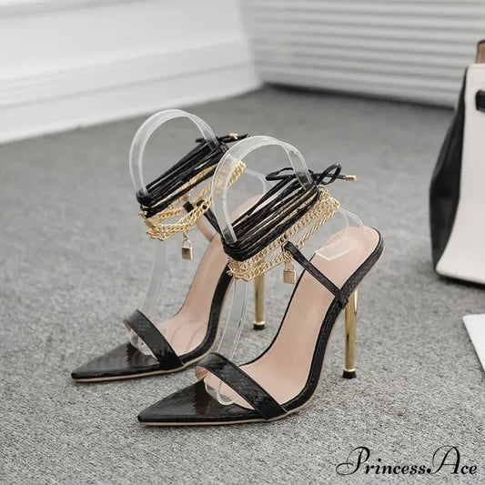 Sexy Peep Toe Pointed Head Stiletto Sandals Chain Ankle Straps Summer Thin High Heels Party High Heel
