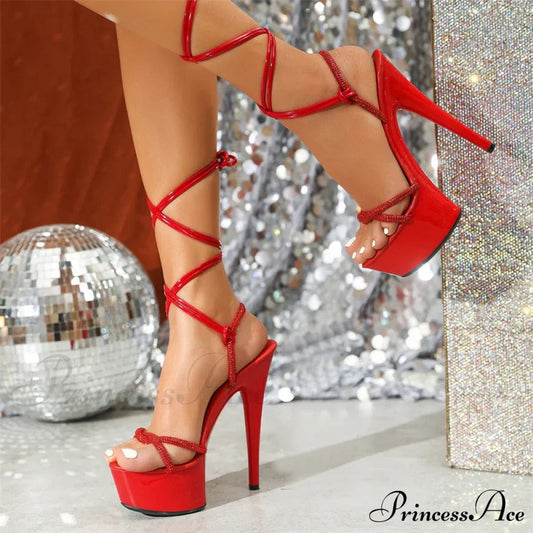 Sexy Red High Heels Platform Sandals with Crystal Rhinestone Detail - Size 43