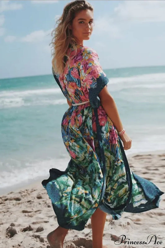 Sexy Side Split Beach Kaftan Tunic Boho Floral Print Summer Dress