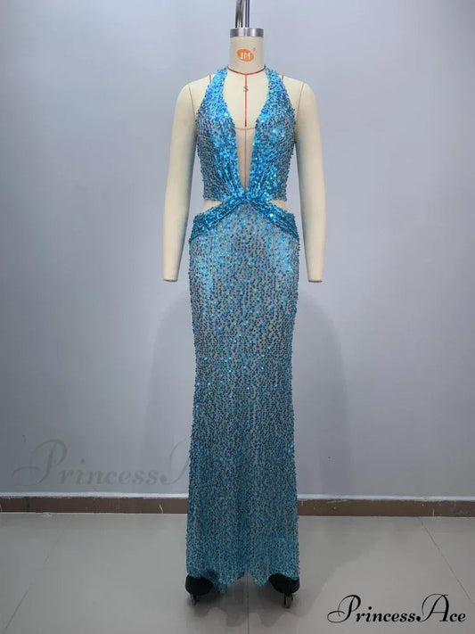 Sexy Sling Deep V-Neck Sequins Long Dress Hollow Out Slim Christmas Party Dress