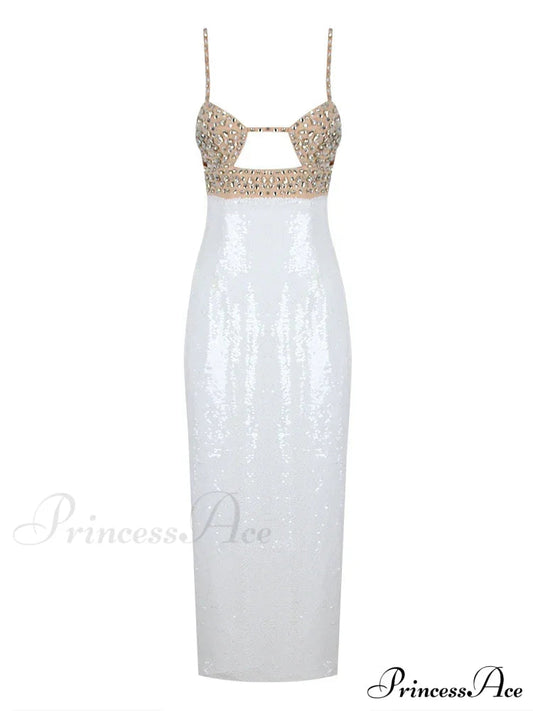 Sexy Spaghetti Strap Luxury Diamond Sequin Dress White Backless Midi Christmas Party Dress