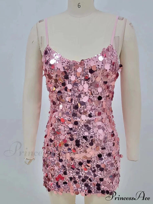 Sexy Spaghetti Strap Shiny Sequins Mini Dress Women Pink Christmas Party Dress