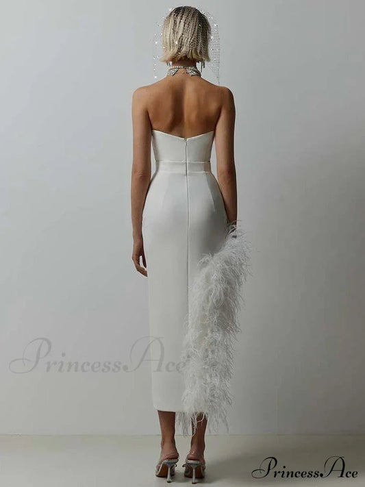 Sexy Strapless Feathers Midi Bandage Black White Backless Christmas Party Dress