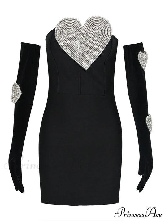 Sexy Strapless Heart Diamonds Bandage Gloves Black Backless Bodycon Christmas Party Dress