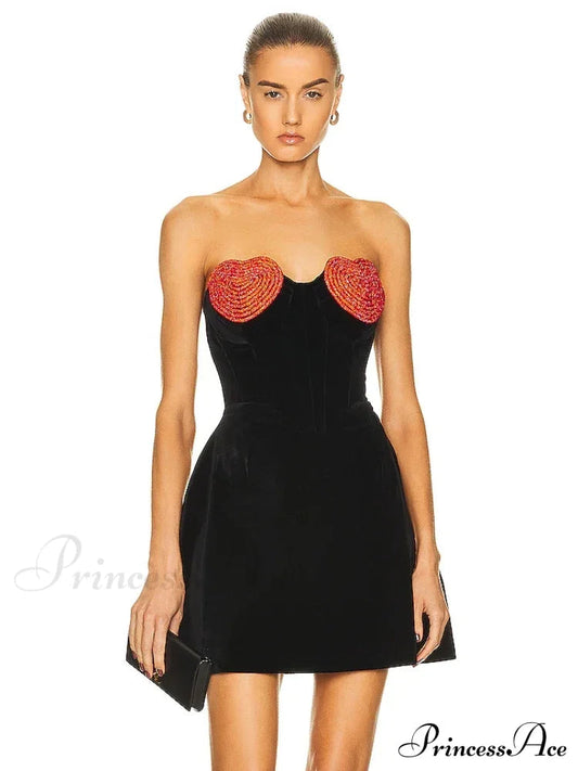 Sexy Strapless Heart Shape Crystal Design Mini Dress Velvet A-Line Christmas Party Dress