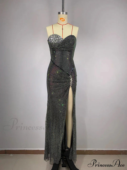Sexy Strapless Luxury Diamonds Long Dress Shiny Sequins Crystal Folds Christmas Party Dress