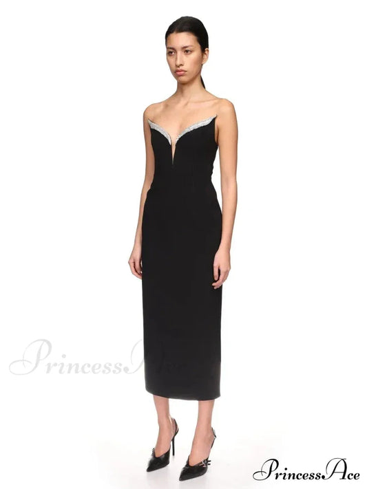 Sexy Strapless V Neck Diamonds Bandage Black Sleeveless Christmas Party Dress