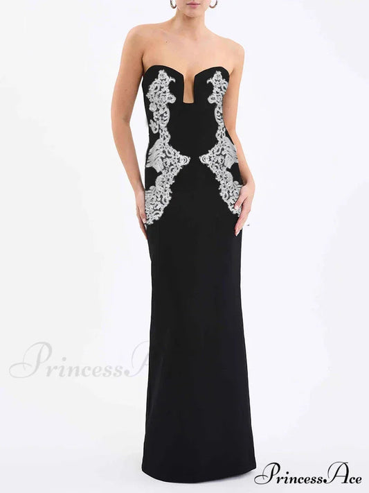 Sexy Strapless V Neck Lace Sequin Design Black Velvet Christmas Party Dress