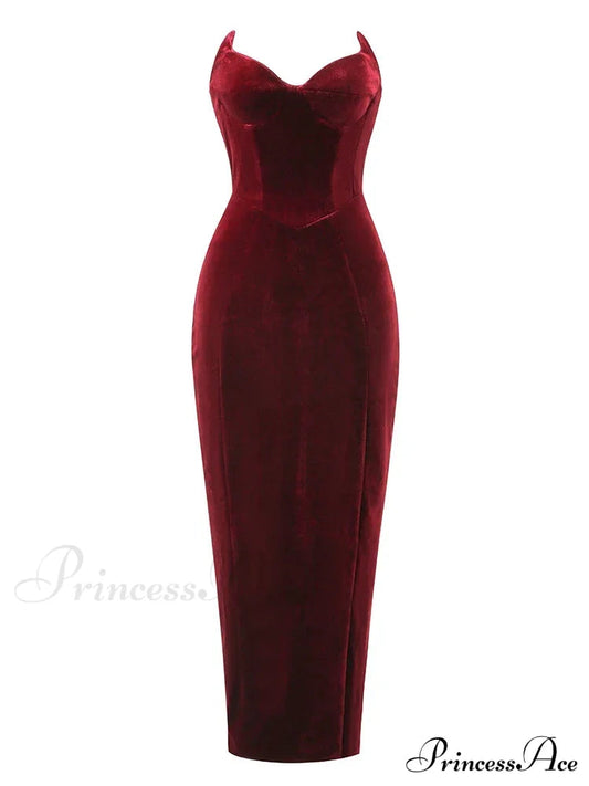 Sexy Strapless V Neck Velvet Maxi Dress Women Burgundy Black Christmas Party Dress
