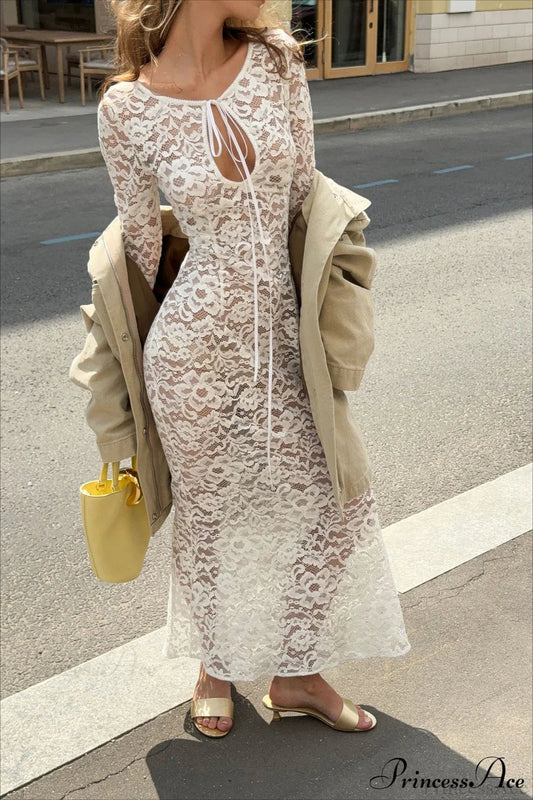 Sheer Round Neck Lace Long Sleeve Elegant Maxi Dress