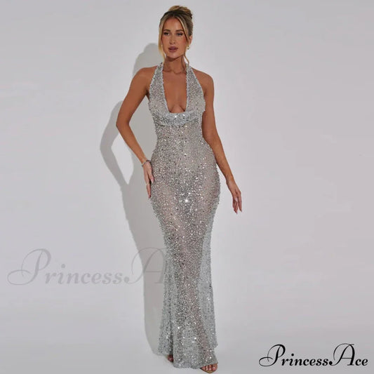 Shiny Sequins Deep V-Neck Halter Party Dress