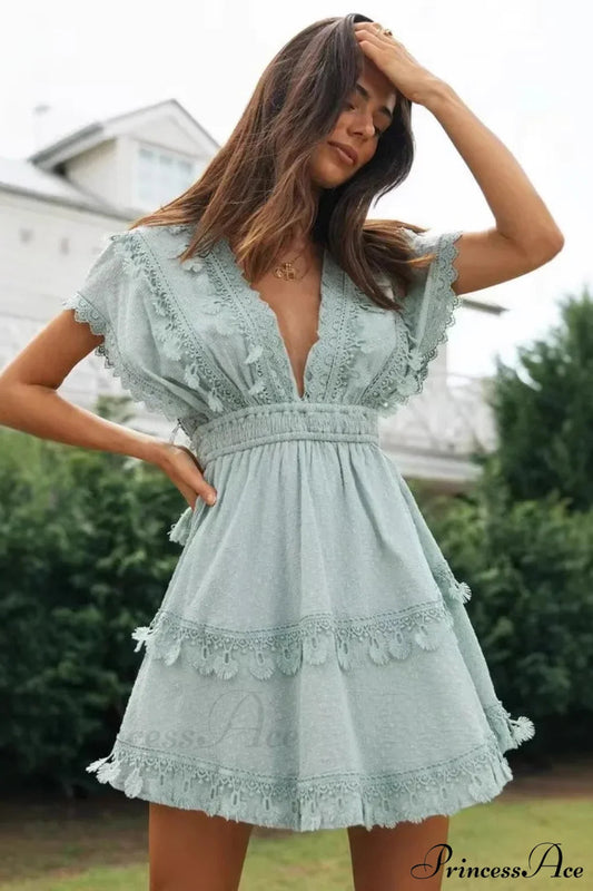 Short Batwing Sleeve Lace Backless Deep V-neck Mini Boho Dress