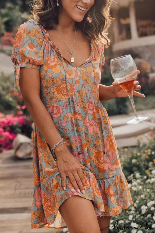 Short Puff Sleeve Mini Dress Vintage Cotton Rayon Orange Floral Print Summer Dress