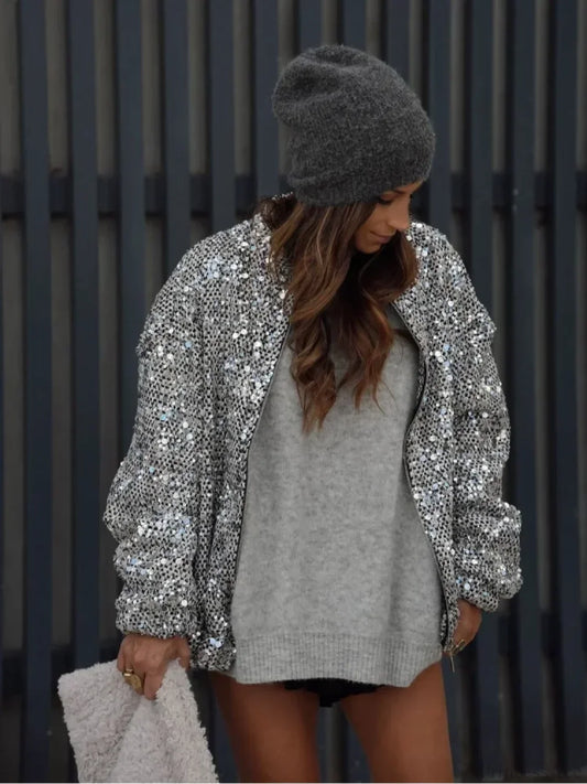 Silver Sequins Patchwork Bomber Coat Silver / S