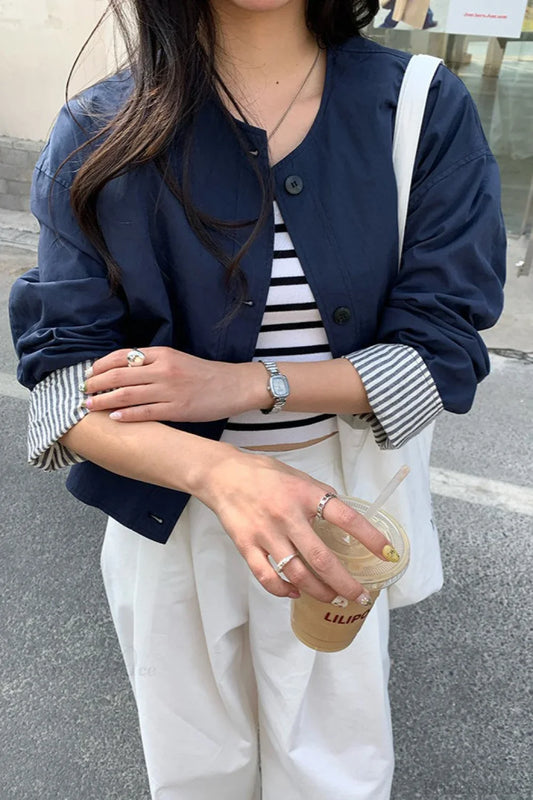 Simple Striped Sleeve Patchwork Casual Jacket
