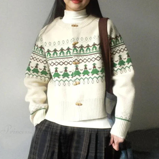 Single Breasted Jacquard Cute Sweet Sweater Beige Apricot / XS