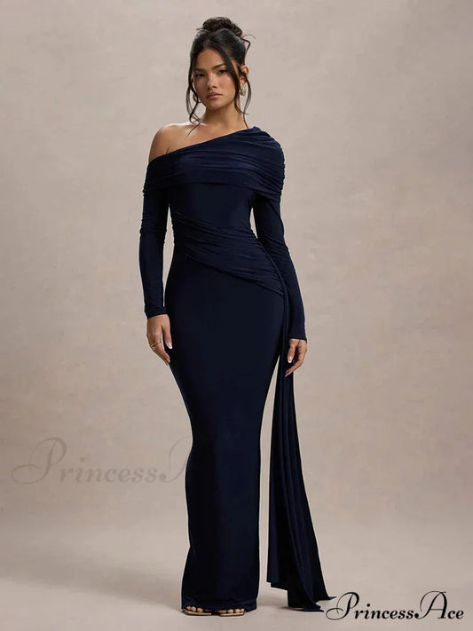 Skew Collar Long Sleeve Maxi Dress