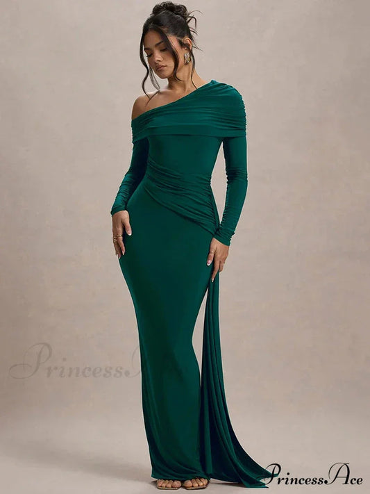 Skew Collar Long Sleeve Maxi Dress