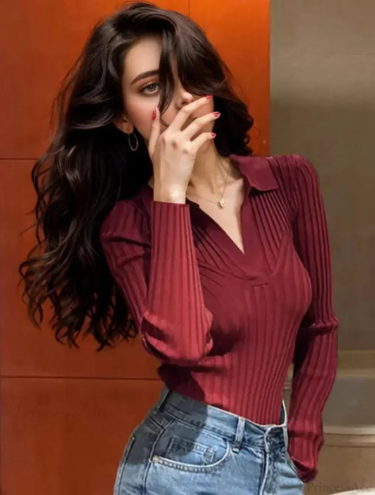 Slim Knitting Polo Collar Long Sleeve Soft Warm Knitwear Christmas Sweater Burgundy / One Size