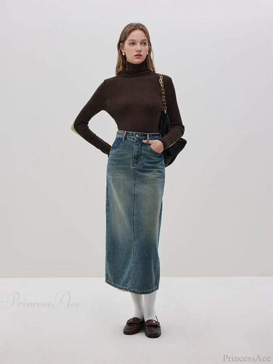 Slim Style Two - wear High Turtleneck Sweater Green Brown / S