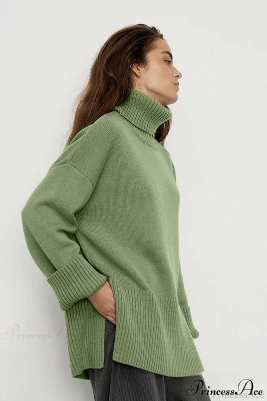 Slit Loose Knit Turtleneck Solid Sweater