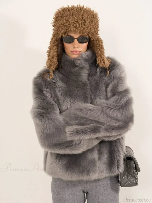 Soft Fluffy Lapel Long Sleeve Coat Grey / S