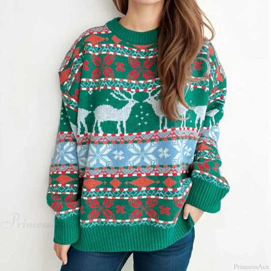 Soft Warm Oversized Deer Knitted Vintage Casual Christmas Sweater Green / S Sweaters-L