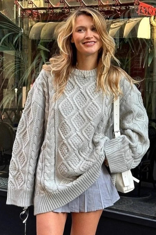 Solid 3D Chunky Cable Argyle Crewneck Loose Sweater