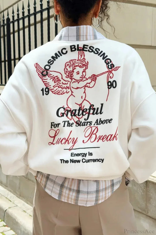 Solid Angel Print Thickened Crew Neck Sweatshirt