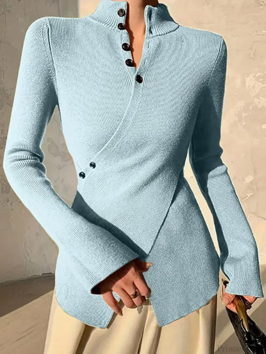 Solid Color Asymmetric Long Sleeve Sweater Blue / S
