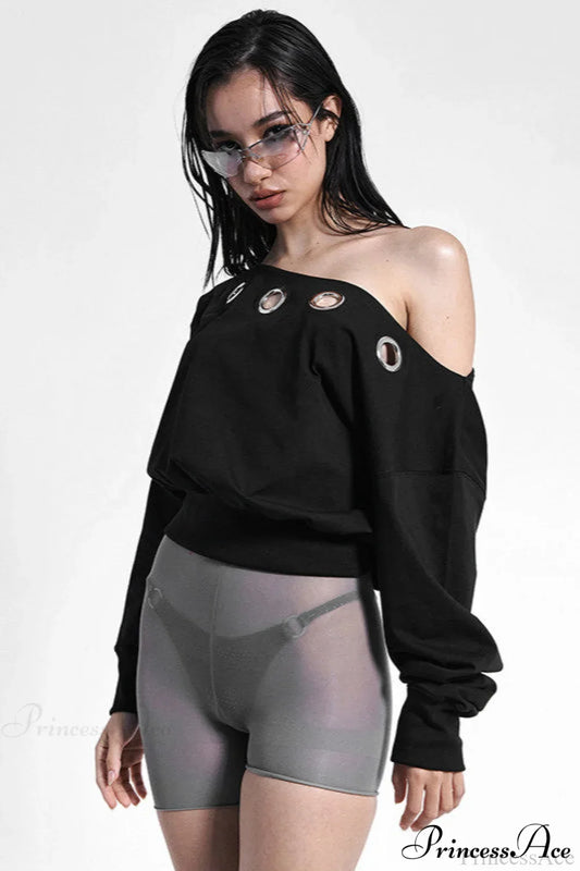 Solid Color Asymmetric Shoulder Cutout Long Sleeve Blouse