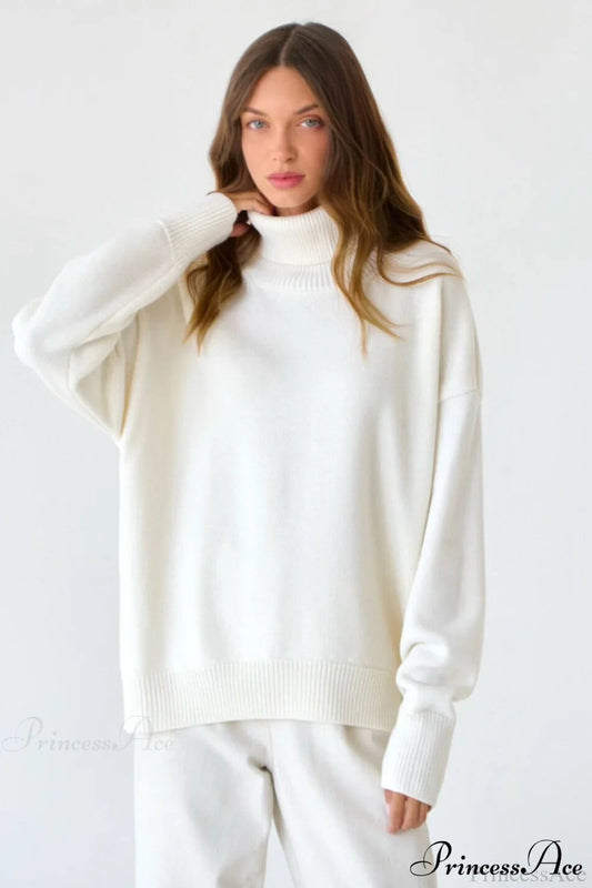 Solid Color High-Neck Loose Knit Sweater