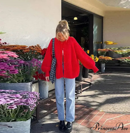 Solid Color Long Sleeve Red Knit Cardigan