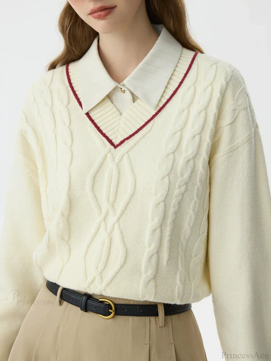 Solid Color Twisted Flower Pullover Sweater Beige / XS